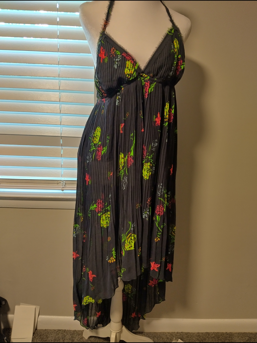 Lost Grey Maxi Dress with Neon Green and Hot Pink Floral Accents